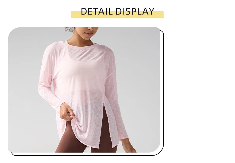 Mode Damen Atmungsaktive Lockere Schnelltrocknende Langarm Yoga Shirts Schlankmachende Seitenschlitze Freizeit Laufen Fitness Radfahren Oberteile