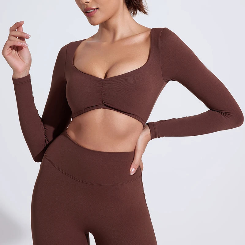 QINACTIVE Damen Yoga Shirts Crop Top Langarmshirts für Damen Yoga Sport Fitness Gym Kleidung Workout Tops