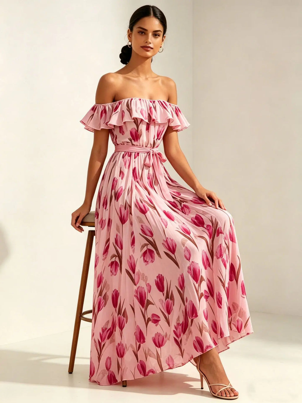 2026 Sommer schulterfreies Kleid mit Tulpenprint in großen Größen, schlankmachend, mit eckigem Ausschnitt und Maxilänge