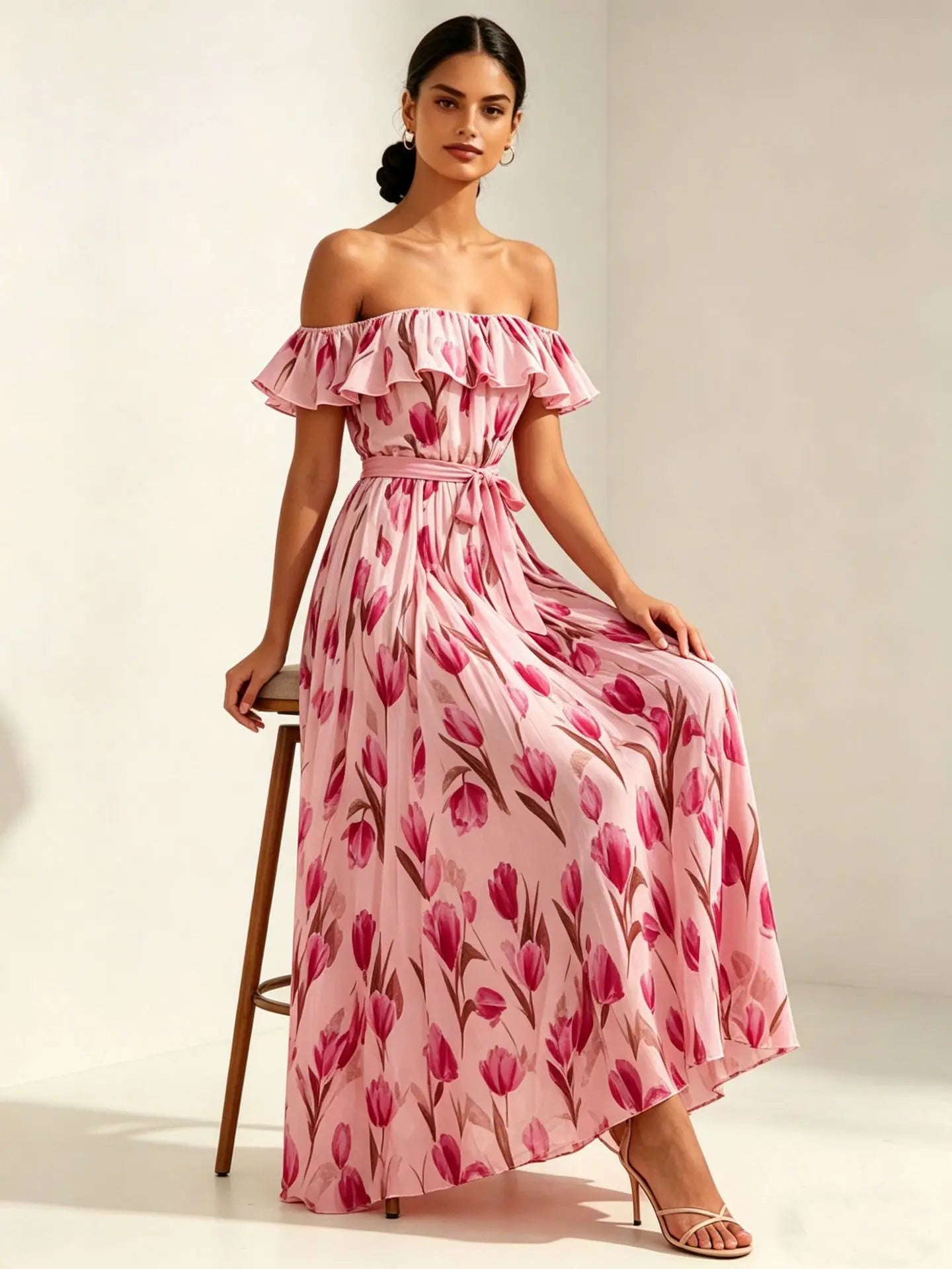 2026 Sommer schulterfreies Kleid mit Tulpenprint in großen Größen, schlankmachend, mit eckigem Ausschnitt und Maxilänge