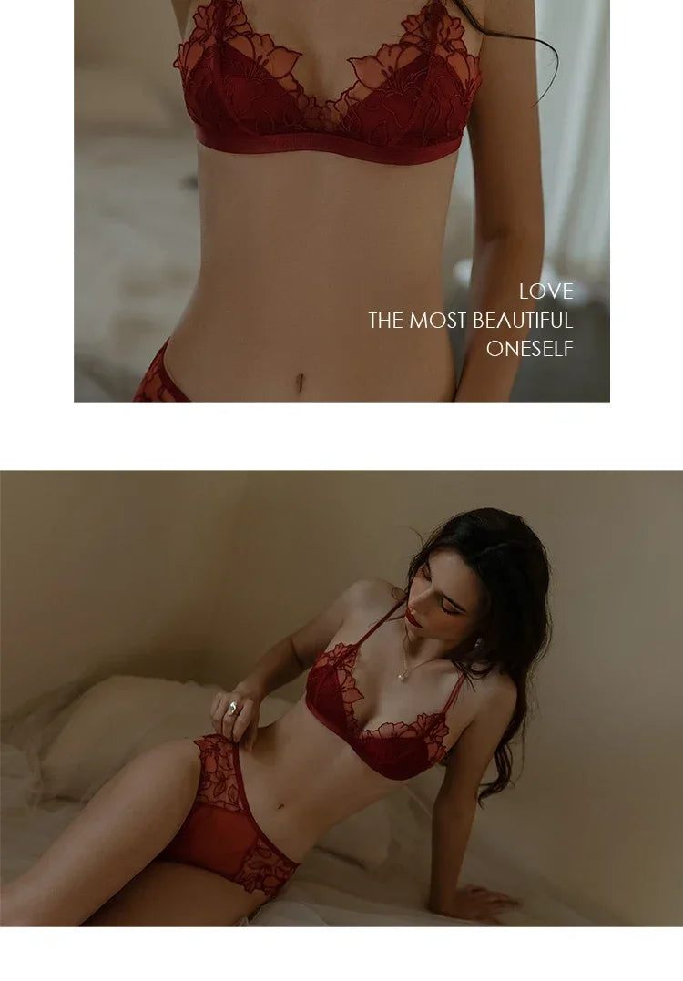 BANERDANNI Pure Desire Victoria Französische Spitzenbestickte Dessous Frauen dünne Cups Triangel-BH Set Bequem ohne Bügel