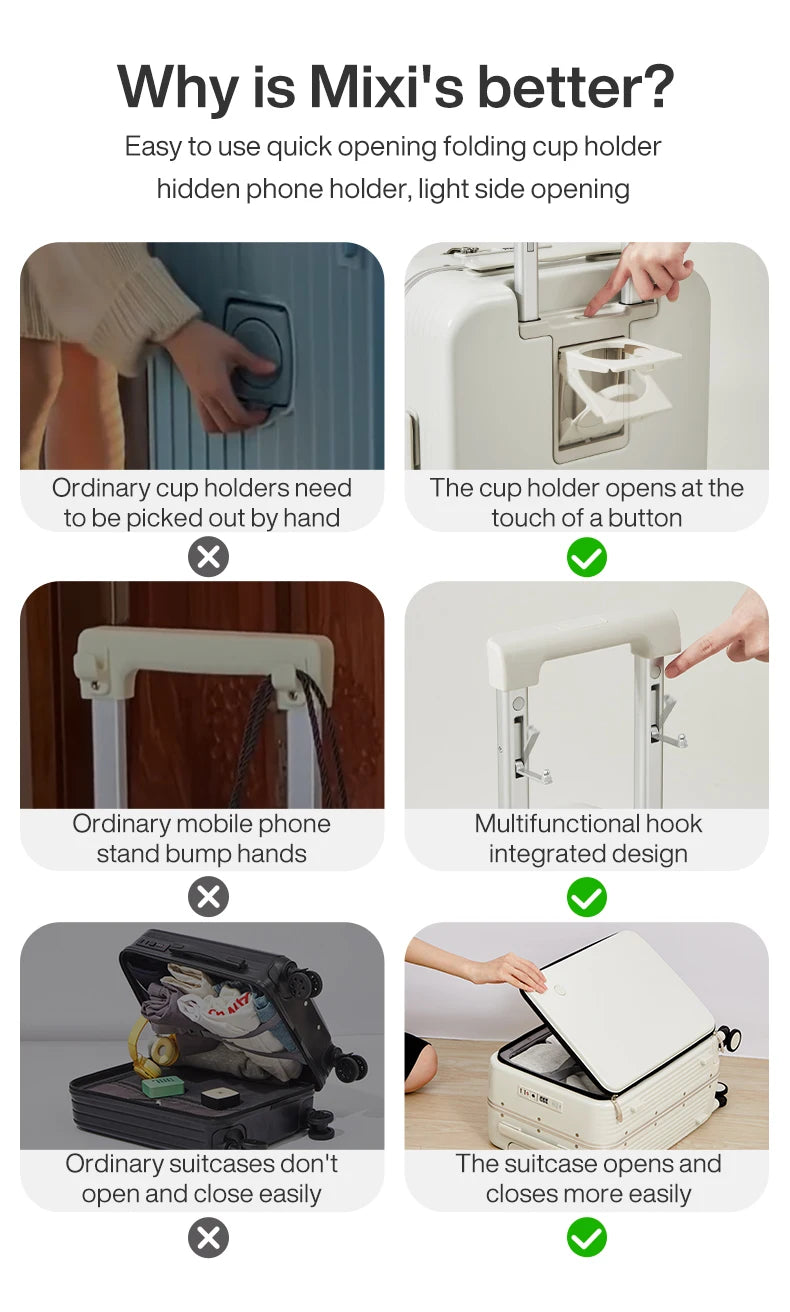 Mixi NEUER Aluminiumrahmen-Koffer Handgepäck Rollkoffer mit USB-Anschluss, Getränke- und Handyhalter für die Kabine, 20 24 Zoll