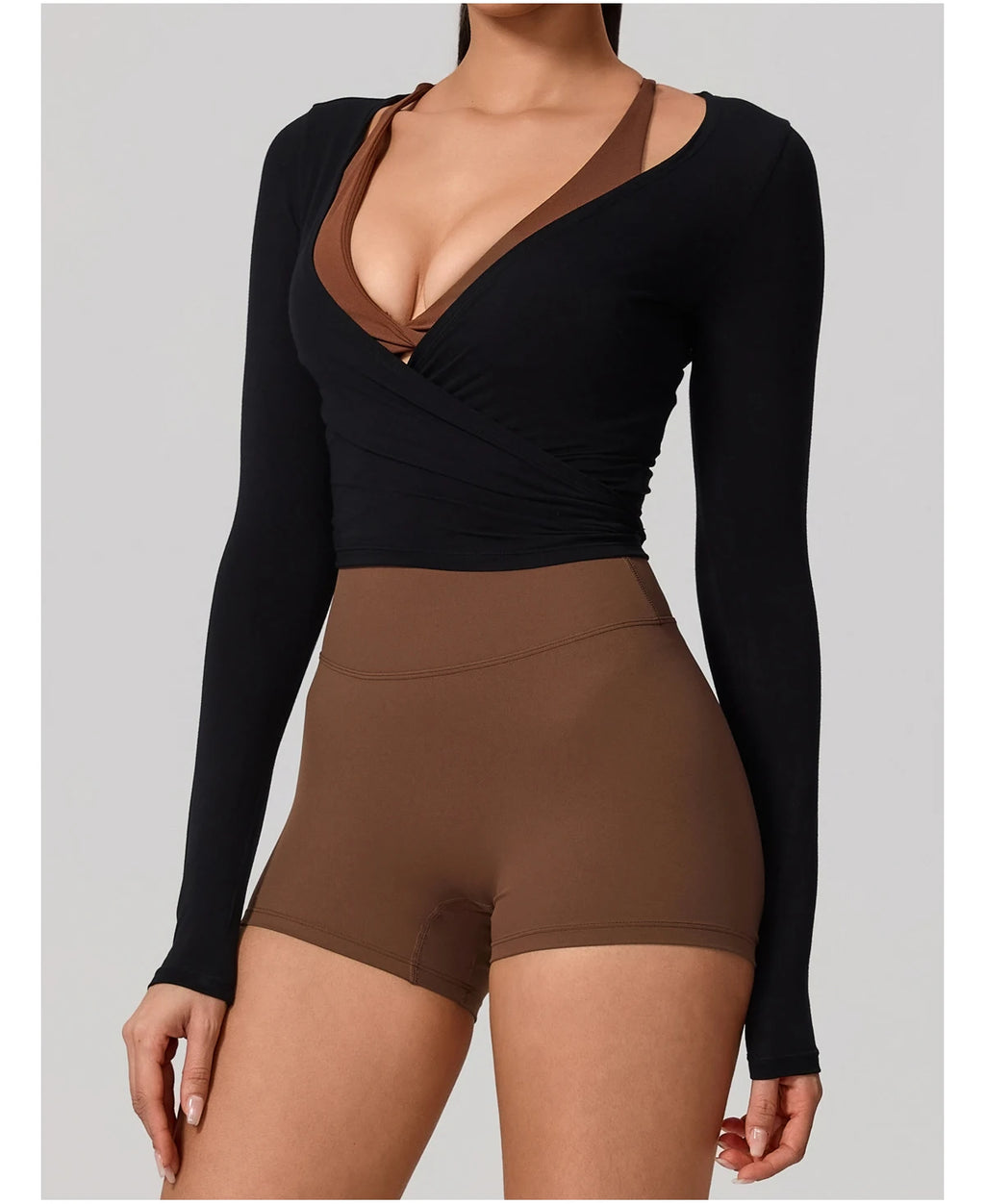 Neue Sommer Damen Yoga Langarm Einteiler Träger Yoga Kleidung Weibliches Training Premium Ballett WickeloberteileFrauen Fitness Sport Top