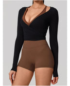 Neue Sommer Damen Yoga Langarm Einteiler Träger Yoga Kleidung Weibliches Training Premium Ballett WickeloberteileFrauen Fitness Sport Top