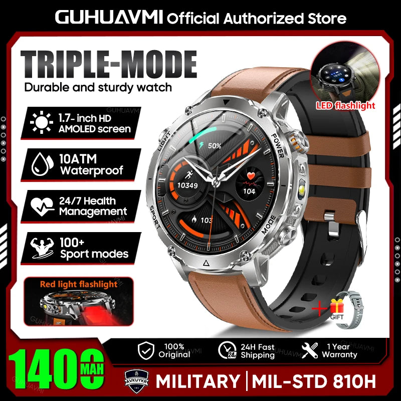2026 Neue TANK Ultra 1400mAh Akku Militär Smartwatch 10ATM Wasserdicht Herzfrequenz Taktische LED Taschenlampe Herren Sportarmband
