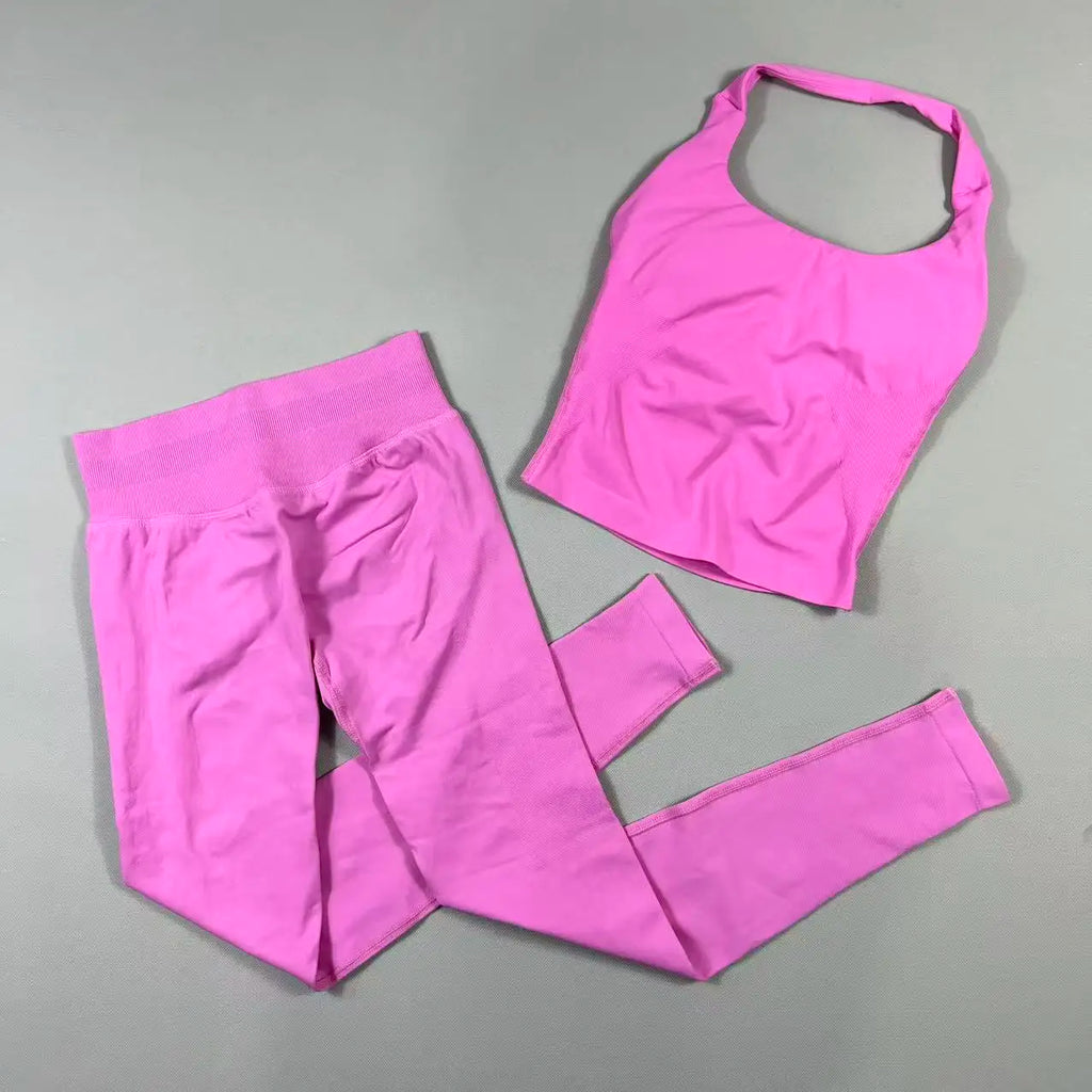 OHNE LOGO Yoga-Outfit Sport-Impact-Gym-Set Neckholder-Oberteil und Leggings-Hosen-Sets Rückenloses Neckholder-Design Hochelastische Sportbekleidung