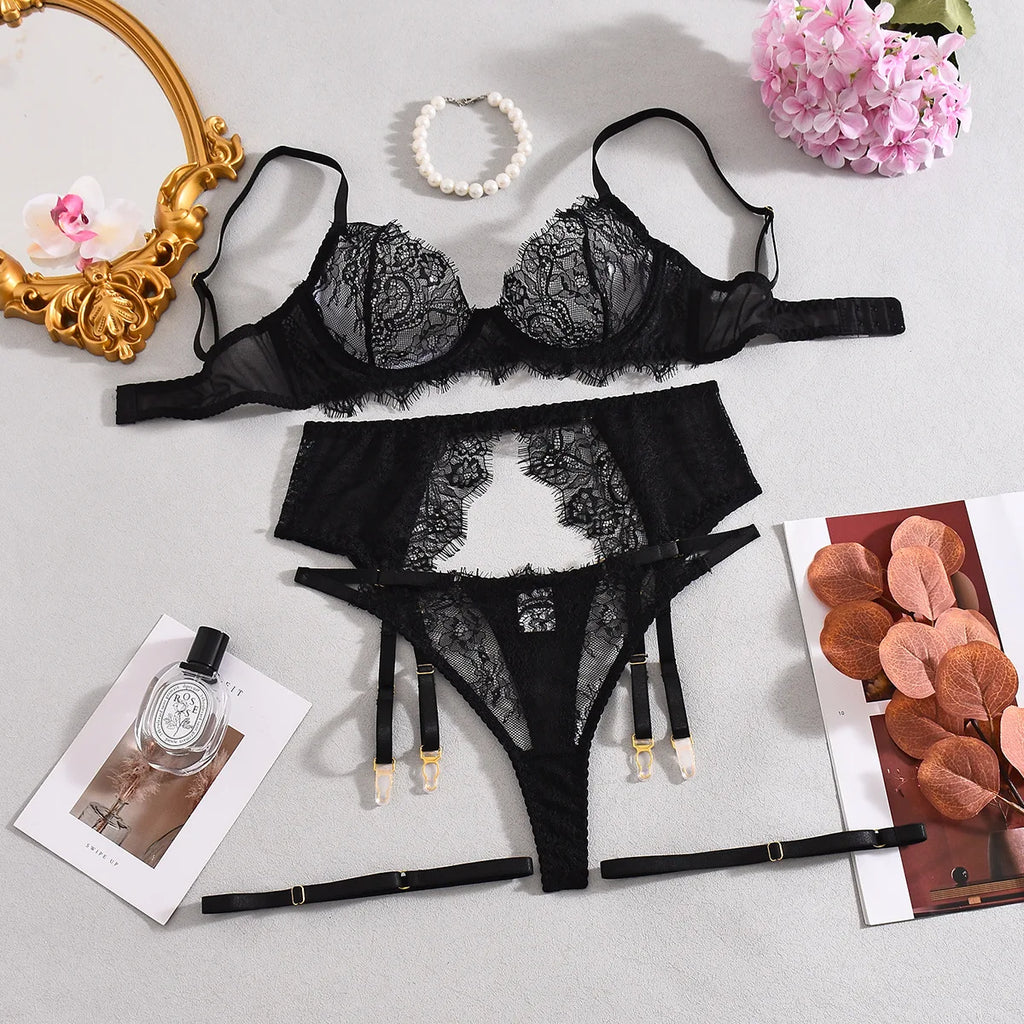 Elegant Lingeries Sexy Hot Exclusive Coffee Bra Belt Thong 3PC with Leg Circles Cute Intimate Lace Tempted Tipsy Set