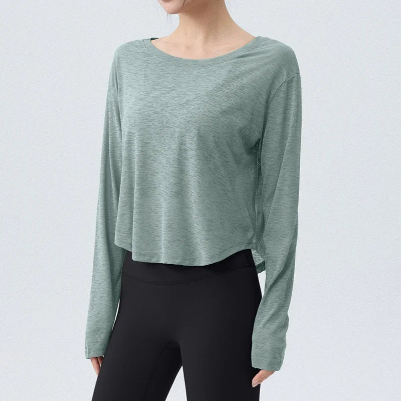 DRUR Damen Langarm Yoga T-Shirts, lockere Passform Sport Fitness Crop Tops lässig leichtes dünnes Shirt für Fitnessstudio Straße Reisen