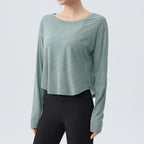 DRUR Damen Langarm Yoga T-Shirts, lockere Passform Sport Fitness Crop Tops lässig leichtes dünnes Shirt für Fitnessstudio Straße Reisen