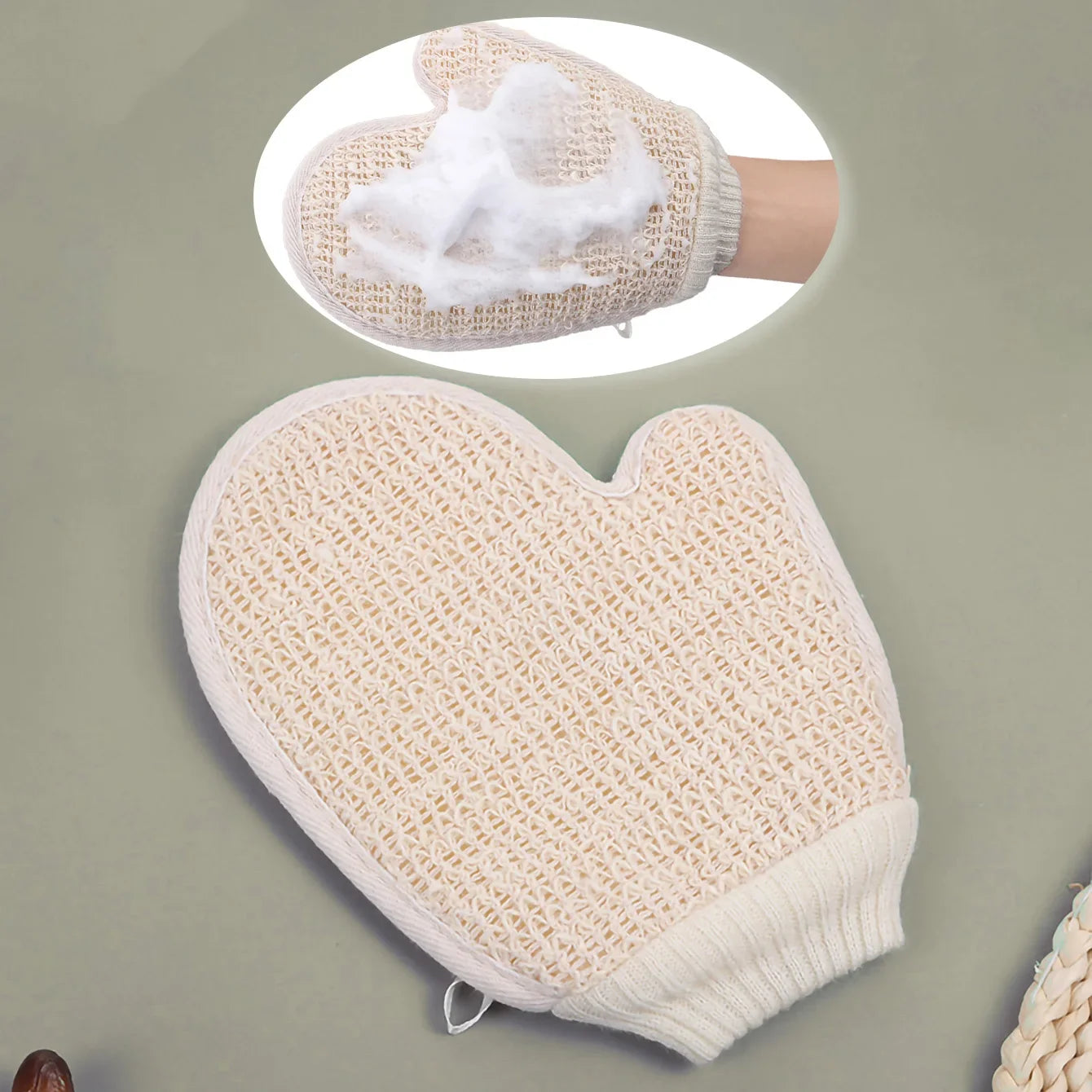 2-in-1 Körperpeeling-Duschhandschuh, 1 Stück Natürlicher Baumwoll-Leinen-Peeling-Handschuh mit Netzstruktur für das Home Spa Hauptbild