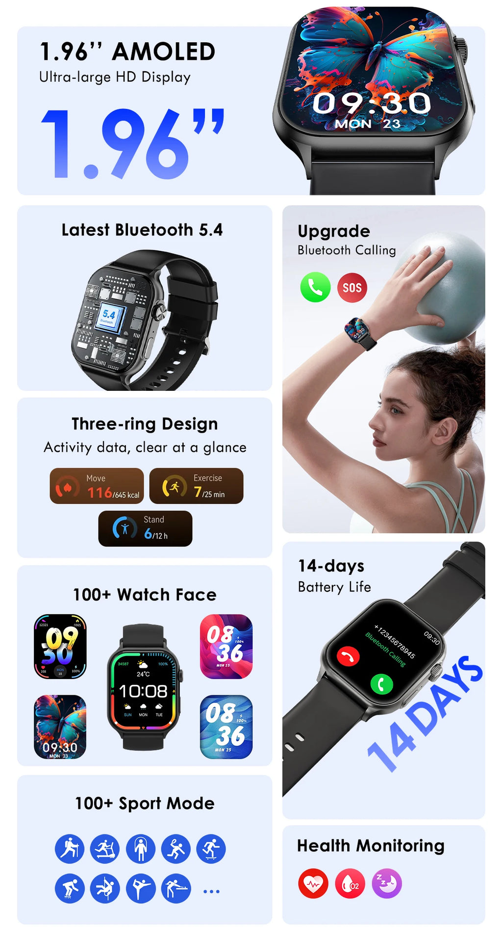 Lenovo 2026 Smartwatch 1,96" HD AMOLED Display Herzfrequenz-Gesundheitsüberwachung Bluetooth-Sprachanrufe Smartwatch für Android IOS