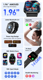 Lenovo 2026 Smartwatch 1,96" HD AMOLED Display Herzfrequenz-Gesundheitsüberwachung Bluetooth-Sprachanrufe Smartwatch für Android IOS