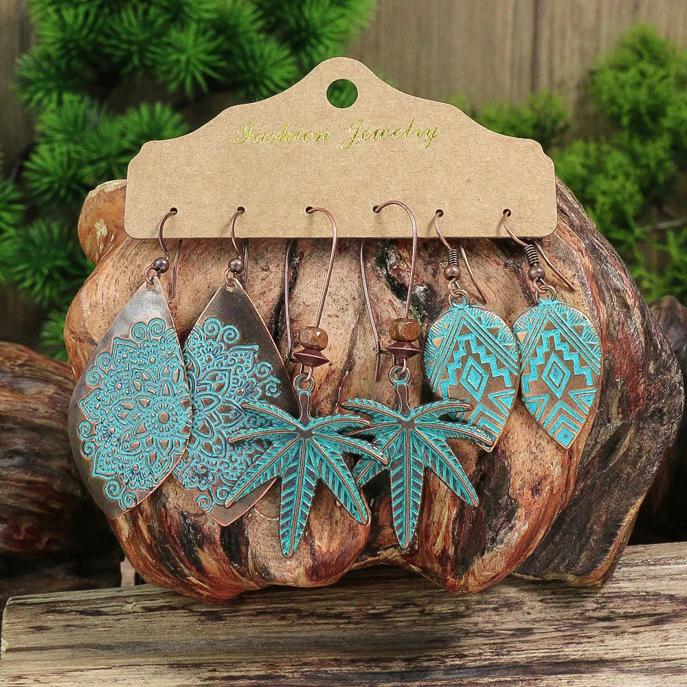 Boho 3Pcs/set Ethnic Leaf Bronze Earrings Set Vintage Hanging Earrings for Women Gypsy Statement Jewelry Accessories Pendientes