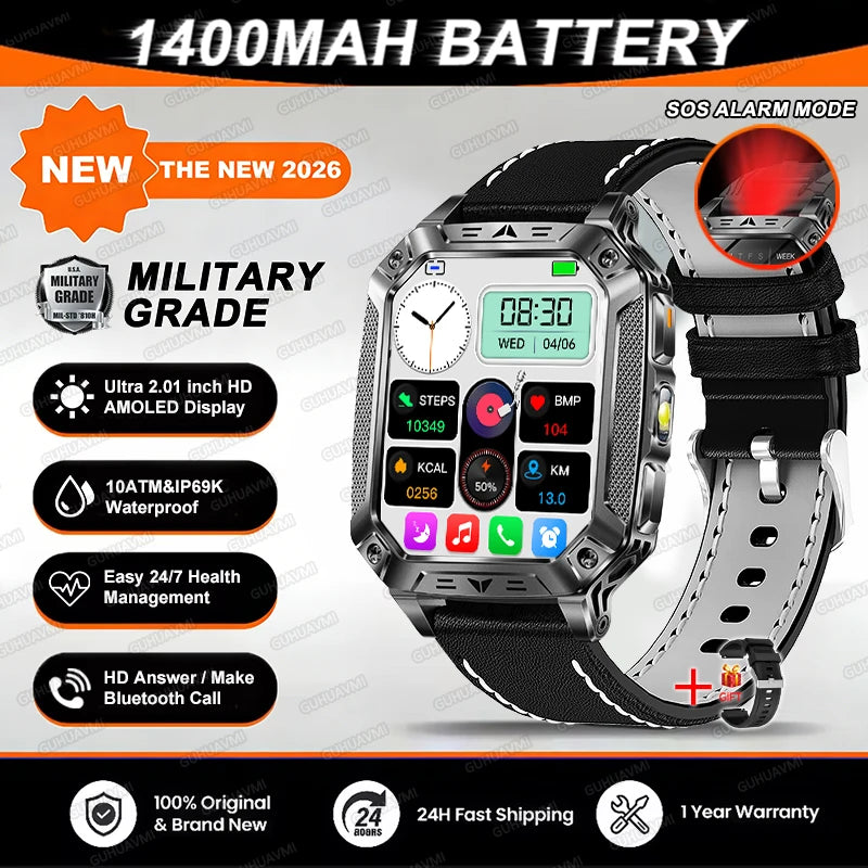 2026 TANK Neue 1400mAh Militär GPS Smartwatch Herren 2.01" AMOLED-Bildschirm 10ATM Wasserdichte Uhr SOS Anruf Taschenlampe Smartwatch iOS