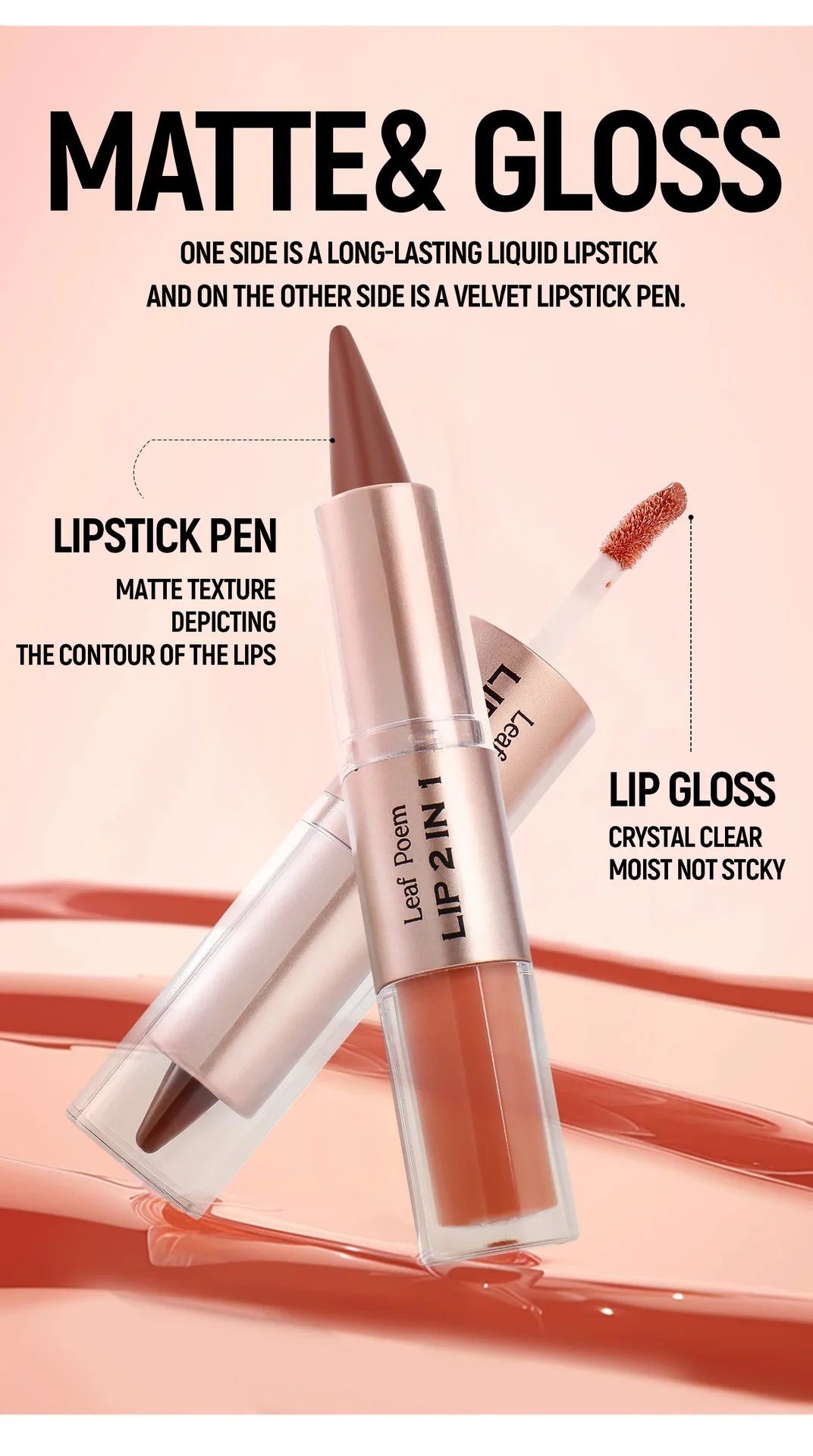 Schwarzer brauner, spitz zulaufender Lipliner-Konturenstift, doppelseitiger Spiegel, aufpolsternder Lippenglanz, kristallklarer Lipgloss, sexy roter Lippen-Tint-Make-up