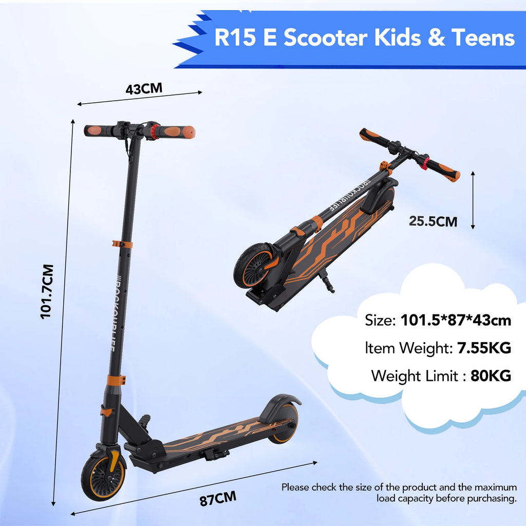 RCB R15 Elektroroller für Kinder 8-16 Jahre, 8 kg, faltbar, doppeltes Bremssystem, maximale Reichweite 16 km