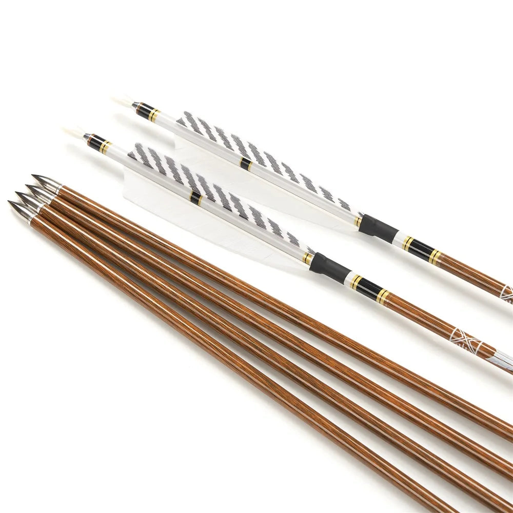 6/12/24pcs 32Inch Archery 100%Pure Carbon Arrows ID 6.2mm Wooden Shaft with 5'' Natural Feathers for Hunting Shooting