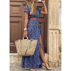 Sommer Bohemian Damen Maxikleid 2024 V-Ausschnitt Kurzarm Geblümt Strand Elegant Vintage Kleid mit Gürtel