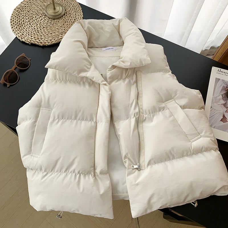 Damenmode Herbst Neu 2024 Stehkragen Elegante Daunenmäntel Warme Oberbekleidung Freizeitgürtel Ärmellose Winter Damenwesten Jacken
