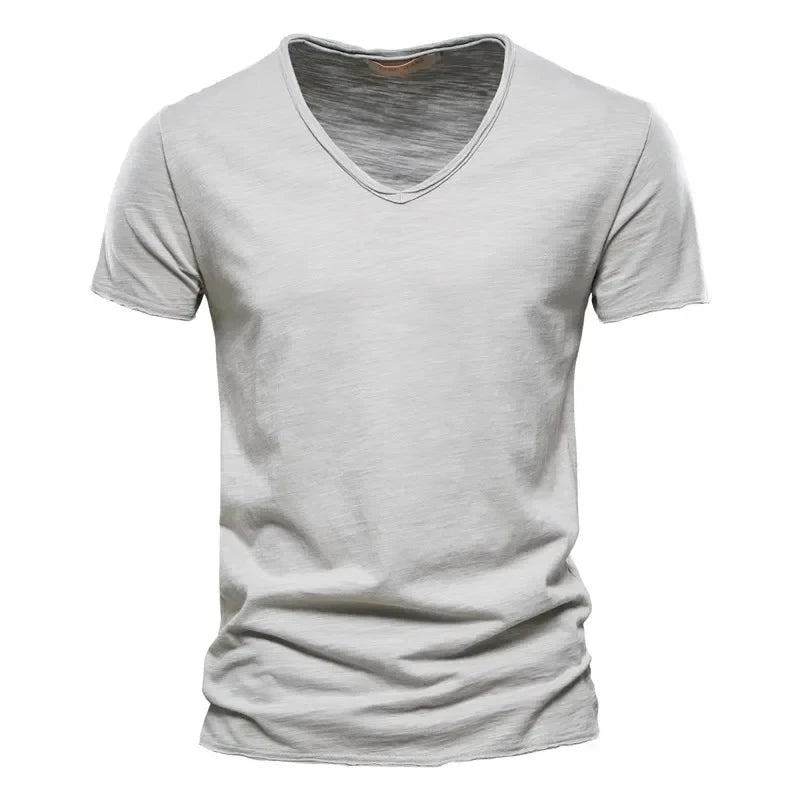Frühling Sommer Baumwoll-T-Shirts Herren 2025 Schlichtes V-Ausschnitt Stretch Uni Neue Oberteile Kleidung Freizeit-T-Shirt Mann Streetwear Coole T-Shirts