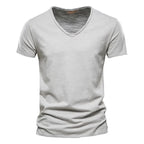 Frühling Sommer Baumwoll-T-Shirts Herren 2025 Schlichtes V-Ausschnitt Stretch Uni Neue Oberteile Kleidung Freizeit-T-Shirt Mann Streetwear Coole T-Shirts