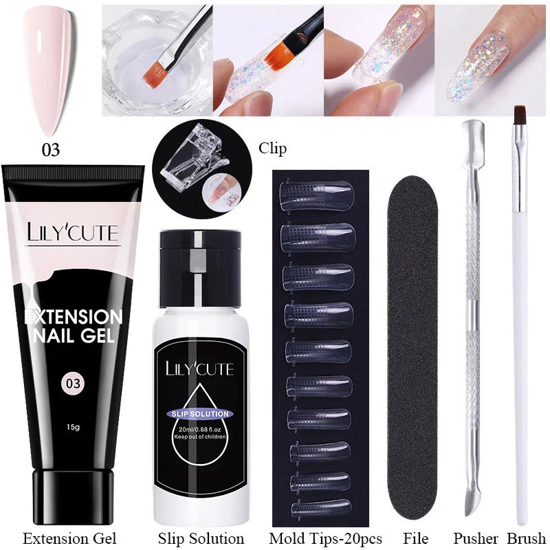LILYCUTE 15ml Verlängerungsgel-Nagellack-Set Quick Nail Prolong mit Verlängerungsform-Nagelspitzen Acryl-Lösung Maniküre-Werkzeug-Kit