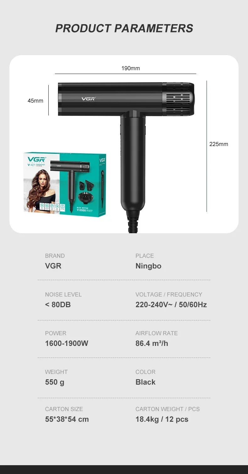 VGR Haartrockner ohne Blätter Professional Negative Ionen Föhn Bürstenloser Motor 11000 RPM Leistungsstarker elektrischer Trockner für Salon V-427