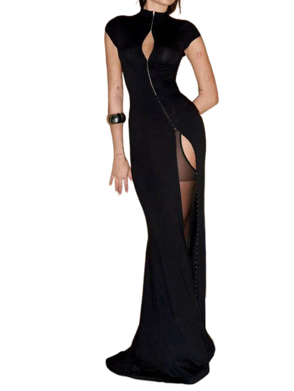 Schwarze Abendkleider mit hohem Schlitz, Rollkragen, Reißverschluss, schmal geschnitten, figurbetonter Rock, sexy heißes Mädchen-Nachtclub-Kleid für Damen Streetwear