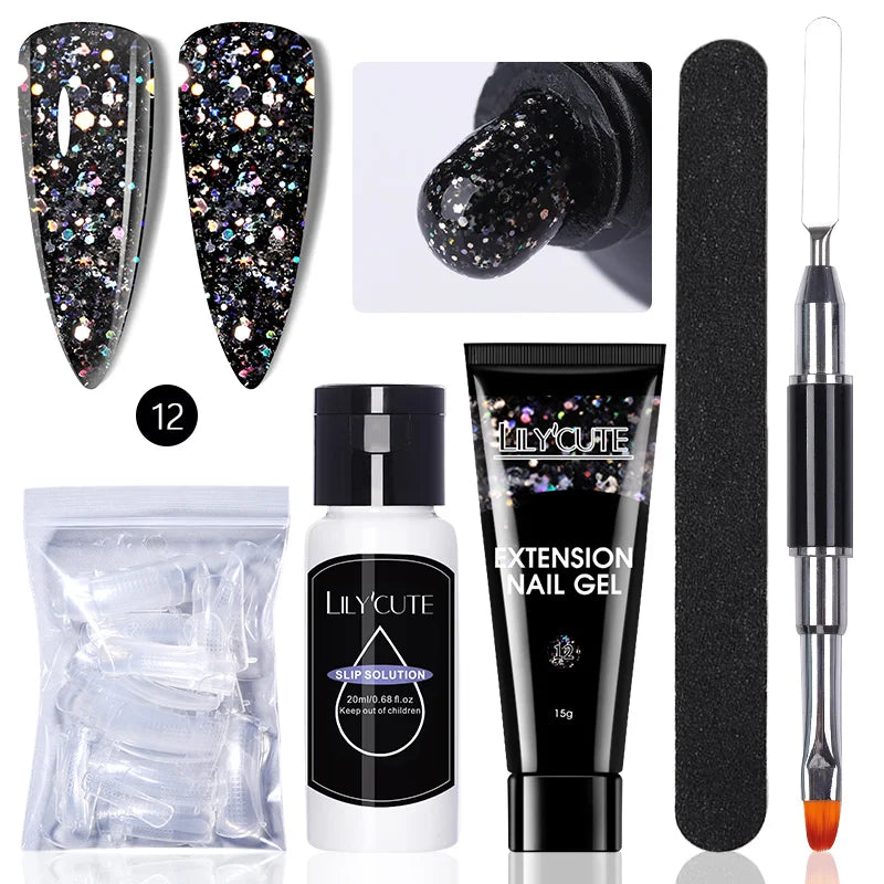 LILYCUTE 15ml Verlängerungsgel-Nagellack-Set Quick Nail Prolong mit Verlängerungsform-Nagelspitzen Acryl-Lösung Maniküre-Werkzeug-Kit