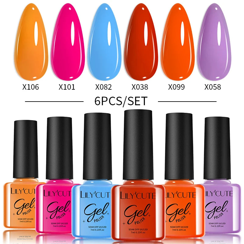 LILYCUTE 6PCS Gel-Nagellack-Set Sommer Neon Nagellack-Gel-Kits für DIY Nagel Semi-Permanenter UV-Lampe Gellack Nagellack-Set