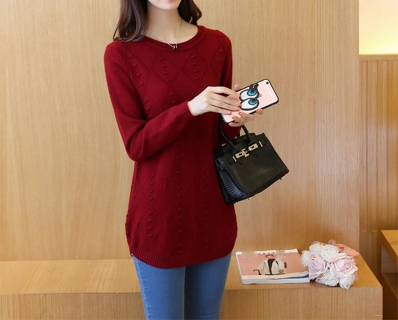 Strickpullover Herbst Winter Oberteile Rundhals Langarm Pullover Legere Warme Damenpullover Midi Lang Schmaler Pullover Mädchen