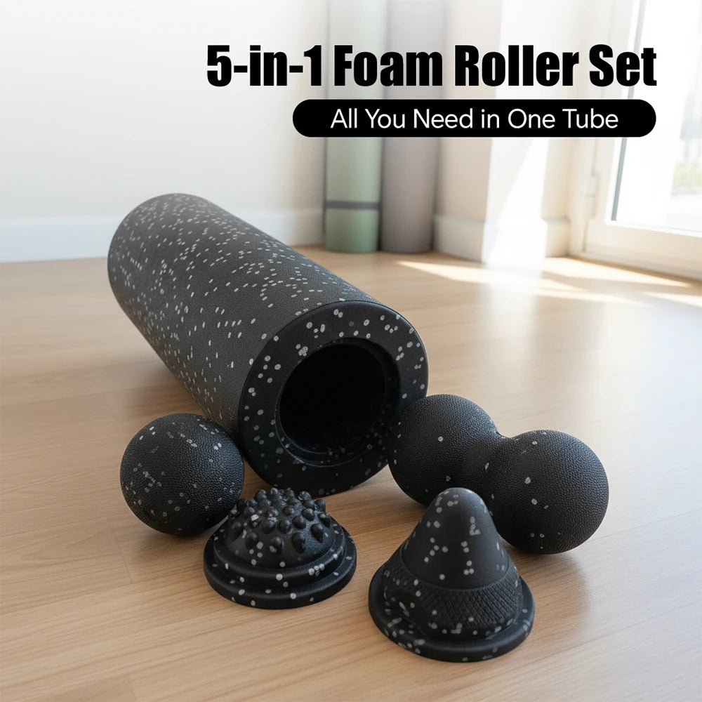 5-in-1 Faszienrollen-Set zur Muskelregeneration – Vibrations-Schaumstoffrolle & Erdnuss-Massageball für Rücken, Nacken, Beine und Yoga-Workouts