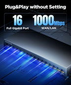 AMPCOM Network Switch 16 Ports Switch Ethernet 1000Mbps Gigabit High Performance Smart Switcher RJ45 Hub Internet Injector