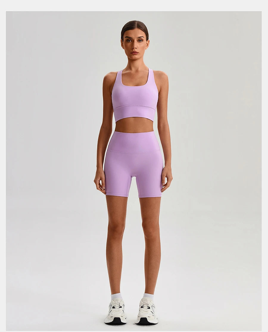 Buttery Soft Nylon Yoga Set Crisscross Back Sports Bra High Waist Biker Shorts 2 Piece Gym Set Workout Outfit Women Activewear