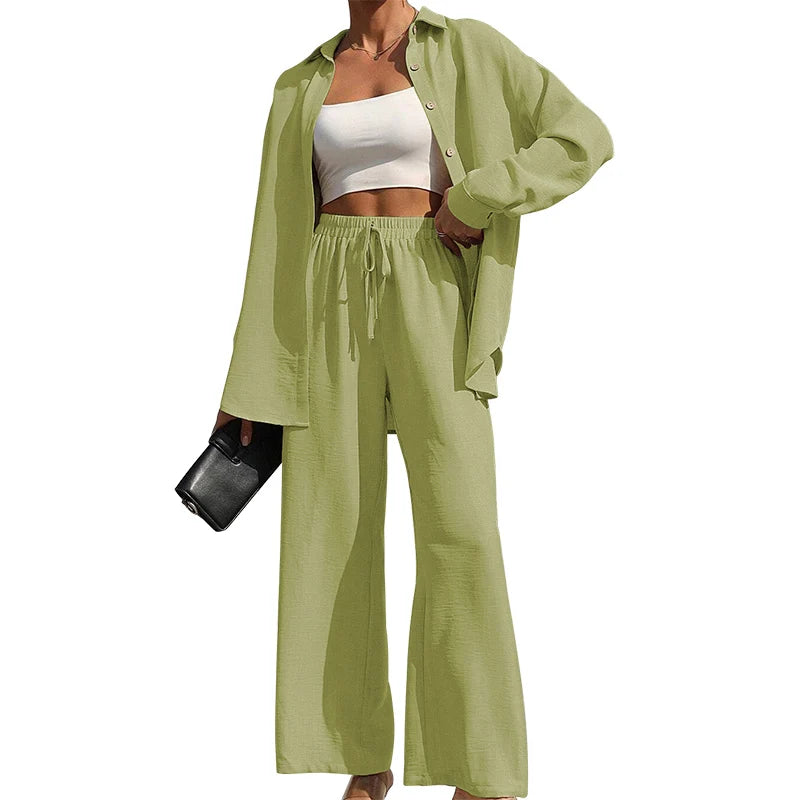 Zweiteiliges Set für Damen: Einfarbiges Hemd mit Knopfleiste und Hose mit weitem Bein und Bindedetail, lässige Bluse mit überschnittenen Schultern und langen Ärmeln & Hose