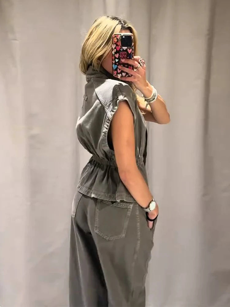 Jeansweste Lockere Lange Hose Damen Set Stehkragen Einreiher Taillierte Oberteile Hohe Taille Hose Schicke Lässige Damen Neue Sets