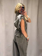 Jeansweste Lockere Lange Hose Damen Set Stehkragen Einreiher Taillierte Oberteile Hohe Taille Hose Schicke Lässige Damen Neue Sets