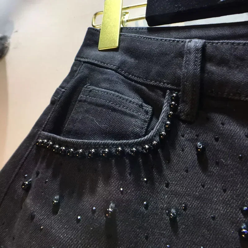 Neue Sommer Denim Patchwork Hakenblume Aushöhlen Spitze Gerade Weite Hose Casual Hohe Taille Schwere Stickerei Strass