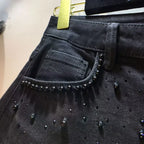 Neue Sommer Denim Patchwork Hakenblume Aushöhlen Spitze Gerade Weite Hose Casual Hohe Taille Schwere Stickerei Strass