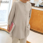 ZANZEA Mode Herbst Langarm Bluse Damen Weites Hemd Elegant Einfarbig OL Arbeitsplatten Lässig Locker Urlaub Arbeit Blusen Damen