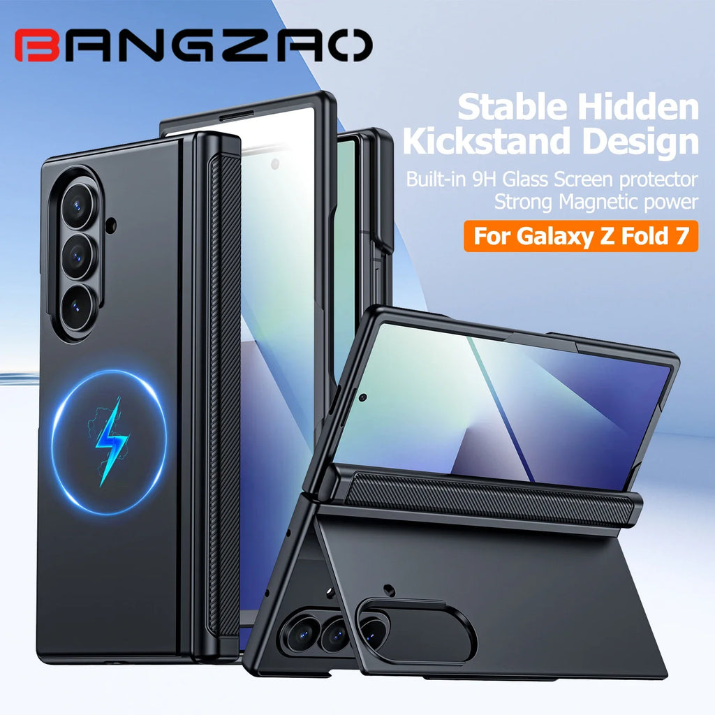 Geeignet für Magsafe, Scharnierschutz, Displayschutz, integrierter versteckter Ständer, schlanke, stoßfeste Handyhülle für Galaxy Z Fold 7 – Schwarz