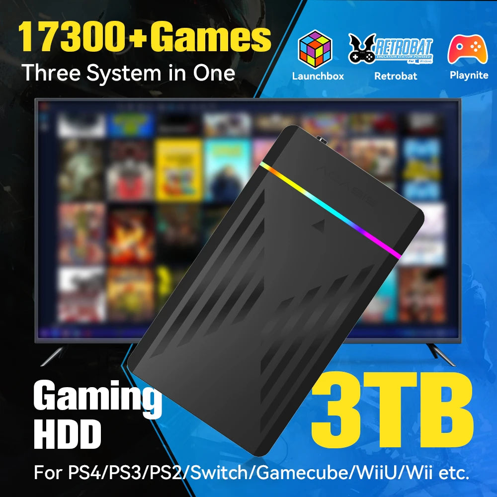3TB Tragbare Gaming-HDD LaunchBox/Retrobat/Playnite Retro-Spielekonsole mit über 17300 AAA-/3D-/Retro-Spielen für PS4/PS3/PS2/Switch/Wii Hauptbild