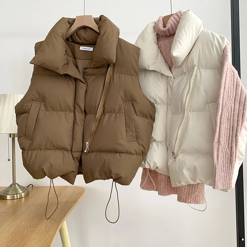 Damenmode Herbst Neu 2024 Stehkragen Elegante Daunenmäntel Warme Oberbekleidung Freizeitgürtel Ärmellose Winter Damenwesten Jacken