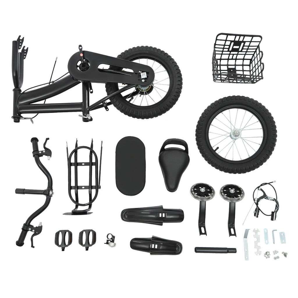 14" Kinderfahrrad Verstellbares Kinderfahrrad Belastbarkeit 60kg mit Stützrädern+Korb+Rückenlehne Rücksitz für 3-7 Jahre (Weiß/Schwarz)