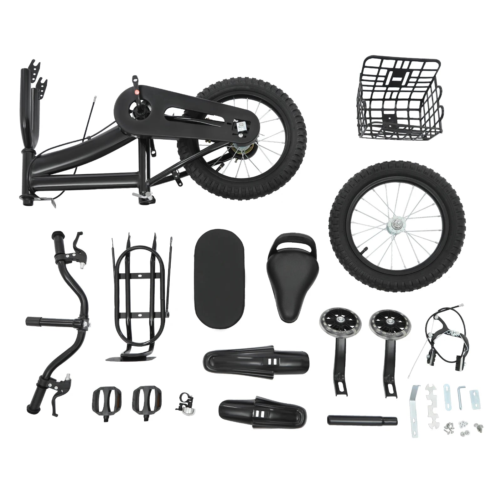 14" Kinderfahrrad Verstellbares Kinderfahrrad Belastbarkeit 60kg mit Stützrädern+Korb+Rückenlehne Rücksitz für 3-7 Jahre (Weiß/Schwarz)