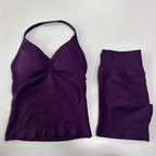 No Logo 2-teiliges Sportset Damen Rückenloses Tanktop Hohe Taille Scrunch Nahtlose Shorts Gym Set Sportbekleidung Workout Set Yoga