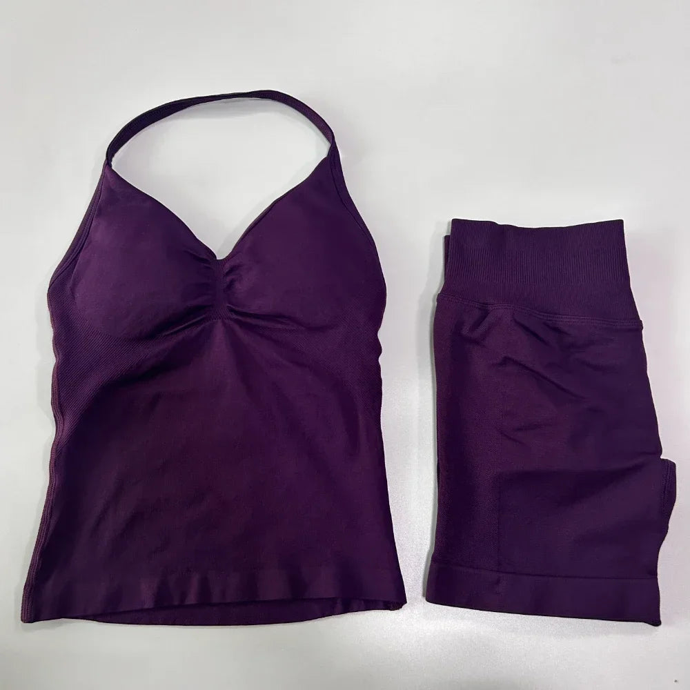 No Logo 2-teiliges Sportset Damen Rückenloses Tanktop Hohe Taille Scrunch Nahtlose Shorts Gym Set Sportbekleidung Workout Set Yoga