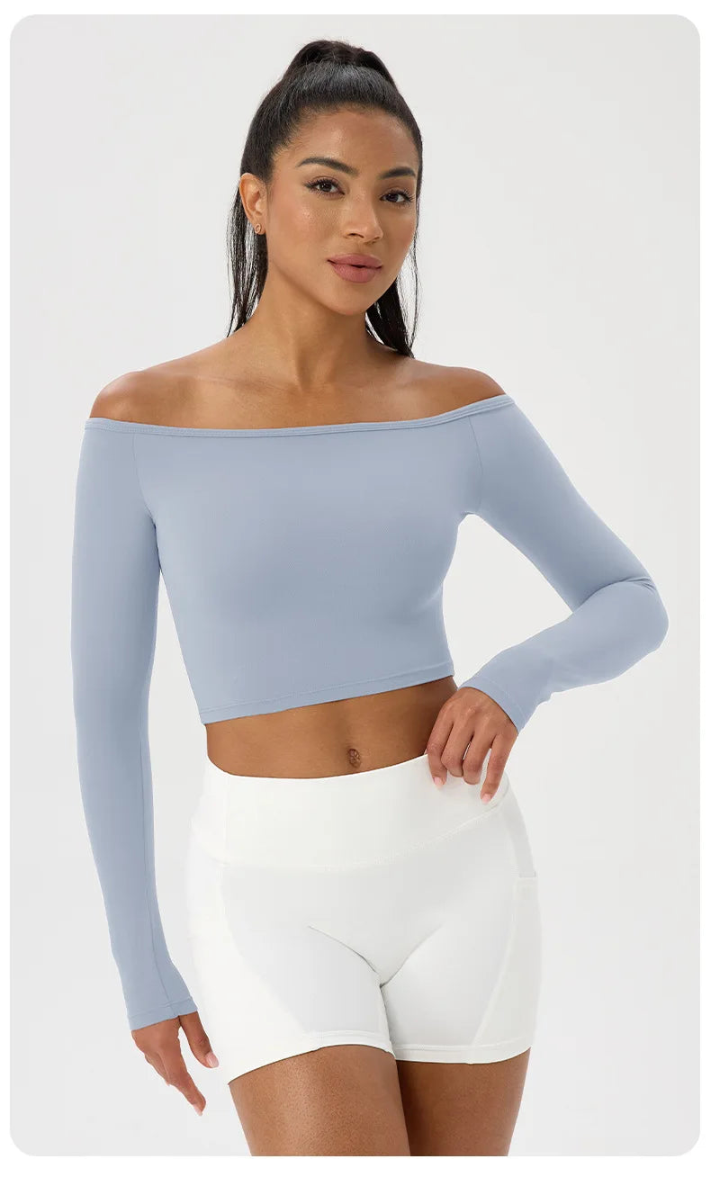 Yoga Langarm T-Shirt Damen Ein-Schulter Sexy Eng Anliegende Fitness-Oberteile Nude-Feel Schnelltrocknendes Sport Langarm Yoga Shirts