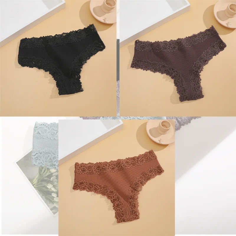 FINETOO 3er-Pack Damen Baumwollunterwäsche Slips Sexy Spitze Brasilianischer Slip Niedrige Taille Blumenmuster Einfarbig G-String Atmungsaktive Dessous