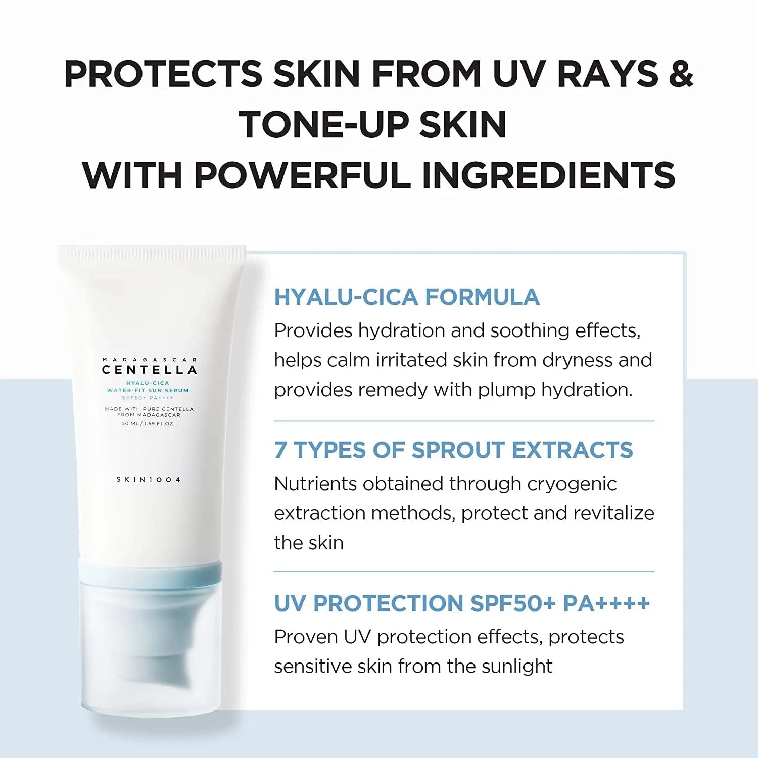 Skin1004 Korean Skincare Centella Sun Serum LSF50+ – Hyaluronsäure UV-Schutz, empfindliche Haut